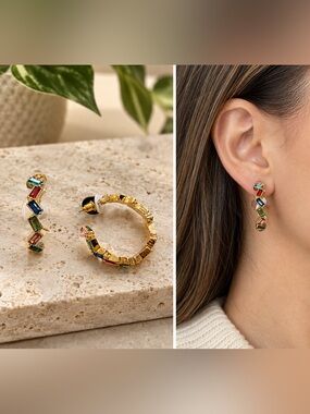 NWT Kevia Multicolor Baguette Crystal Gold Hoop Earrings